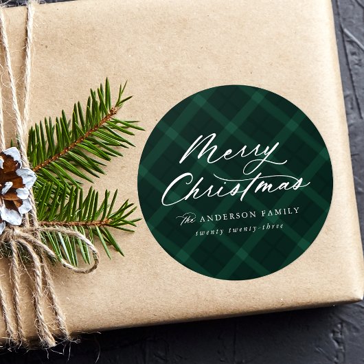 ブラシ付きグリーンプレイドメリークリスマス ラウンドシール