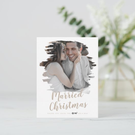 ブラシ付きタン結婚したクリスマス新婚ありがとう シーズンポストカード (スタンド正面)