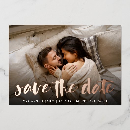 ブラシ付きフォイルオーバーレイ |写真の日付の保存 箔招待状 (正面)