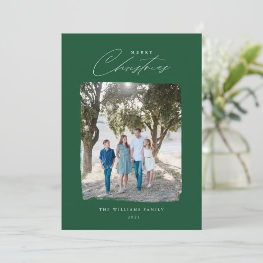 ブラシ付きフォトモダンクリスマスカードレッド シーズンカード (スタンド正面)