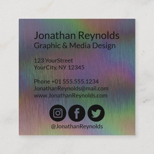 ブラシ付きメタル虹色ホログラフィックスクリプト名S スクエア名刺 (裏面)