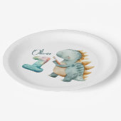 ブラシ付き可愛い恐竜1歳の誕生日 ペーパープレート (アングル)