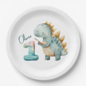 ブラシ付き可愛い恐竜1歳の誕生日 ペーパープレート (正面)