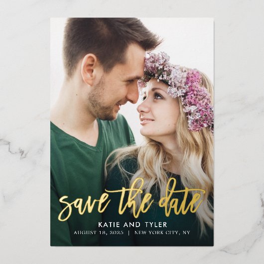 ブラシ付き実在チャームフォイル日付カードを保存 箔招待状 (正面)