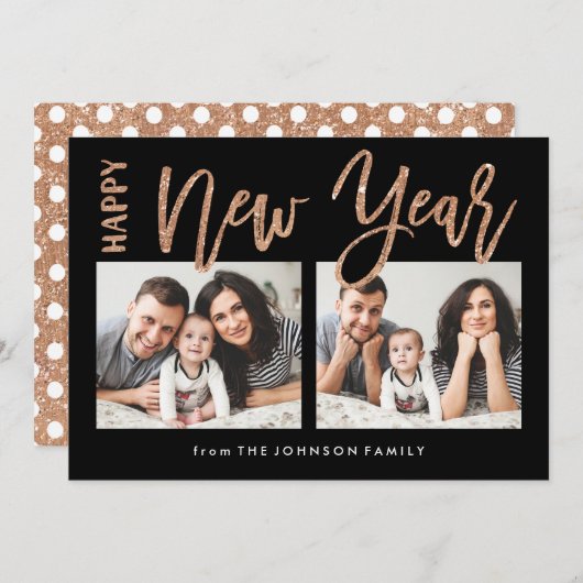 ブラシ付き新年フェイク金ゴールドグリッター2フォトカード シーズンカード (正面/裏面)