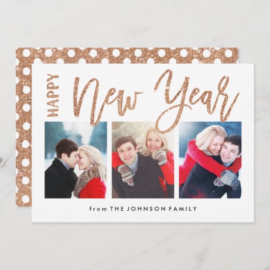 ブラシ付き新年フェイク金ゴールドグリッター3フォトカード シーズンカード (正面/裏面)