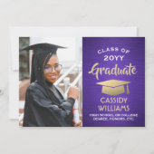 ブラシ付き紫と金ゴールドモダンの卒業写真 招待状 (正面)