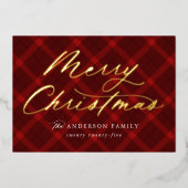 ブラシ付き赤い格子模様メリークリスマスノンフォト 箔シーズンカード (正面)