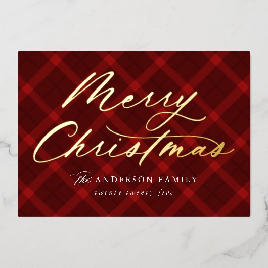 ブラシ付き赤い格子模様メリークリスマスノンフォト 箔シーズンカード (正面)