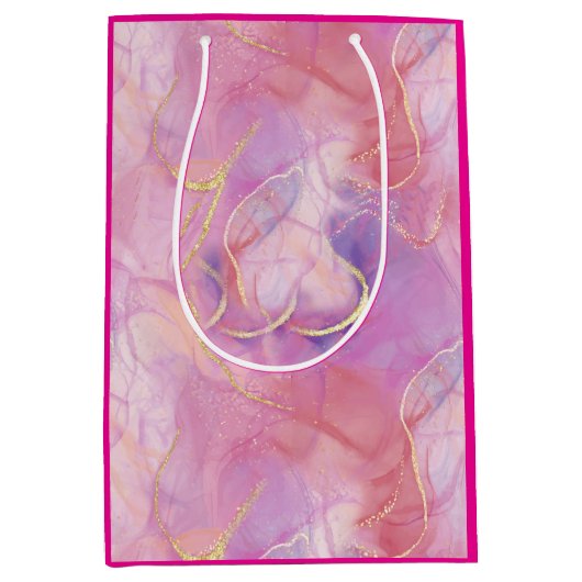 ブラシ付き金ゴールドでピンクと白の大理石の仕上げ ミディアムペーパーバッグ (正面)