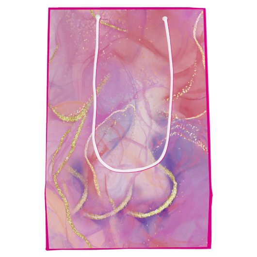 ブラシ付き金ゴールドでピンクと白の大理石の仕上げ ミディアムペーパーバッグ (裏面)