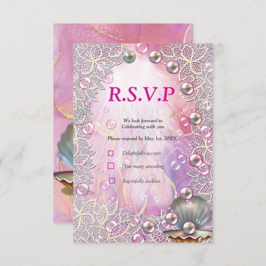 ブラシ付き金ゴールドでピンクと白の大理石の仕上げ 出欠カード (正面/裏面)