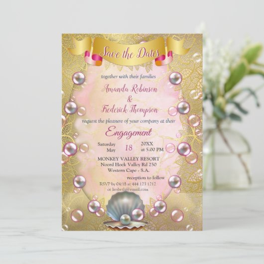 ブラシ付き金ゴールドでピンクと白の大理石の仕上げ 招待状 (スタンド正面)