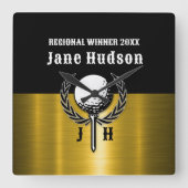 ブラシ付き金ゴールドカスタムゴルフモノグラムデザイン スクエア壁時計 (正面)