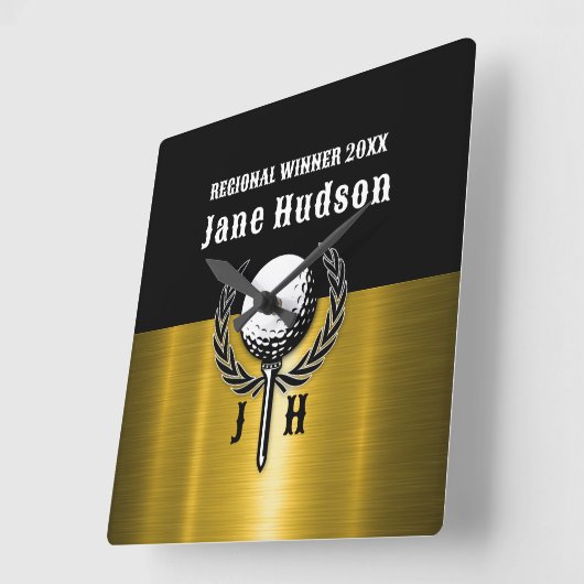 ブラシ付き金ゴールドカスタムゴルフモノグラムデザイン スクエア壁時計 (傾斜)