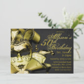 ブラシ付き金ゴールドマスカレード誕生日 招待状 (スタンド正面)