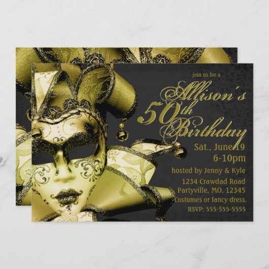 ブラシ付き金ゴールドマスカレード誕生日 招待状 (正面/裏面)