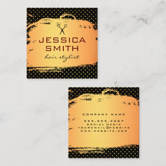 ブラシ付き金ゴールド水玉模様サロン スクエア名刺 (正面/裏面)