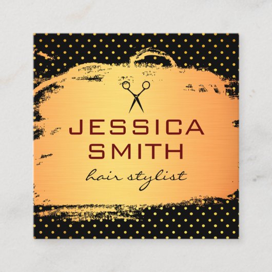 ブラシ付き金ゴールド水玉模様サロン スクエア名刺 (正面)
