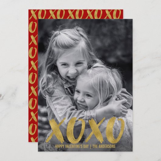 ブラシ付きXOXOゴールドフォイルバレンタインデーのフォトカード シーズンカード (正面/裏面)