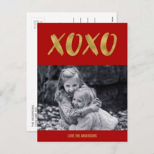 ブラシ付きXOXOゴールドフォイルバレンタイン写真はがき シーズンポストカード (正面/裏面)