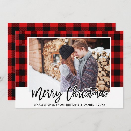 ブラシ台本赤い格子縞のカップルフォトクリスマス シーズンカード (正面/裏面)