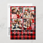 ブラシ台本赤プレイドファミリー4フォトクリスマス ポストカード (正面/裏面)