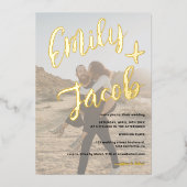 ブラシ名モダンスクリプト白い写真結婚のスクリプト 箔招待状 (正面)