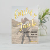 ブラシ名モダンスクリプト白い写真結婚のスクリプト 箔招待状 (立ち正面)