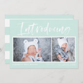 ブラシ書道ミントグリーンフォトコラージュ誕生 案内状 (正面/裏面)