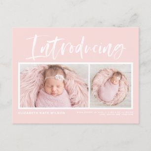 ブラシ書道赤面ピンクフォトコラージュ誕生 案内ポストカード