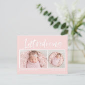 ブラシ書道赤面ピンクフォトコラージュ誕生 案内ポストカード (スタンド正面)