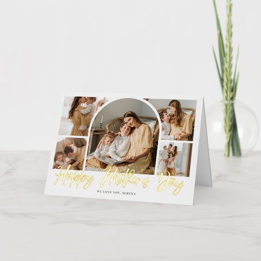 ブラシ書道10アーチ写真母の日 箔グリーティングカード (正面)