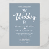 ブラシ書道4フォトブルー結婚ズ 箔招待状 (正面)