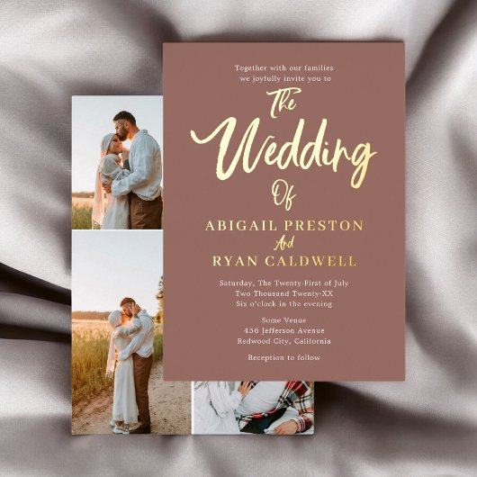 ブラシ書道4 Photo Brown 結婚's 箔招待状