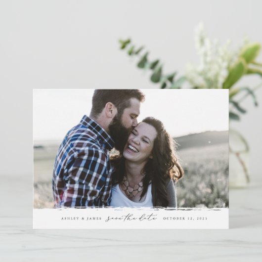 ブラシ端モダンの写真の日付の保存 セーブザデート (スタンド正面)