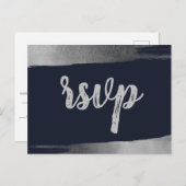 ブラシ素朴ネイビーシルバーシンプルRSVP インビテーションポストカード (正面/裏面)