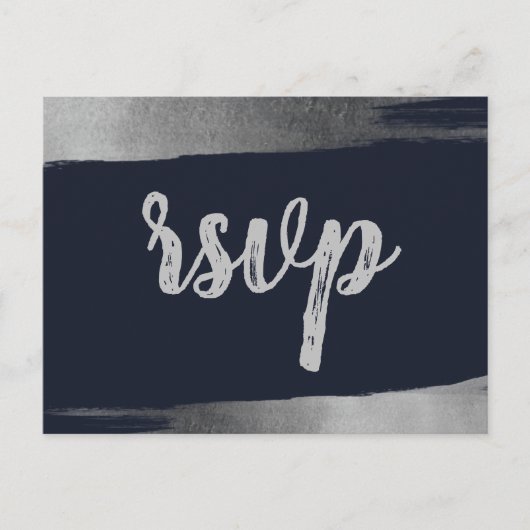 ブラシ素朴ネイビーシルバーシンプルRSVP インビテーションポストカード (正面)