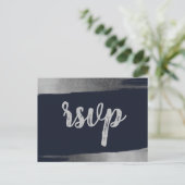 ブラシ素朴ネイビーシルバーシンプルRSVP インビテーションポストカード (スタンド正面)