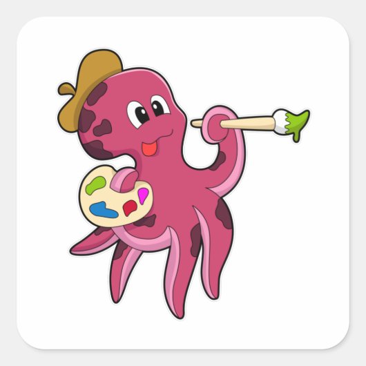 ブラシ絵画とカラーを使用したタコ スクエアシール (正面)