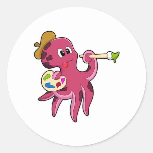 ブラシ絵画とカラーを使用したタコ ラウンドシール (正面)