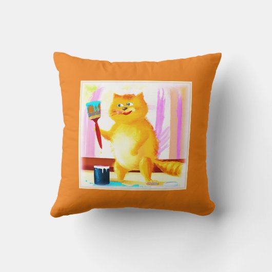 ブラシ絵画を持った可愛い猫。買今 クッション (裏面)