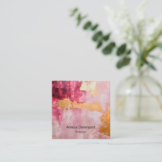 ブラシ芸術的ストロークの金ゴールドとピンク スクエア名刺 (スタンド正面)