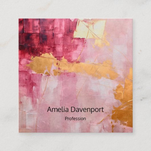 ブラシ芸術的ストロークの金ゴールドとピンク スクエア名刺 (正面)