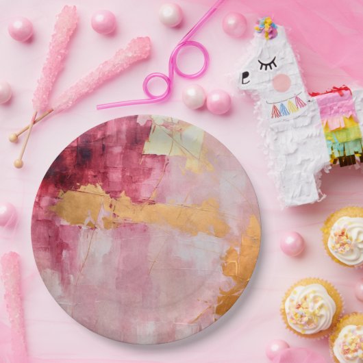 ブラシ芸術的ストロークの金ゴールドとピンク ペーパープレート (パーティー)