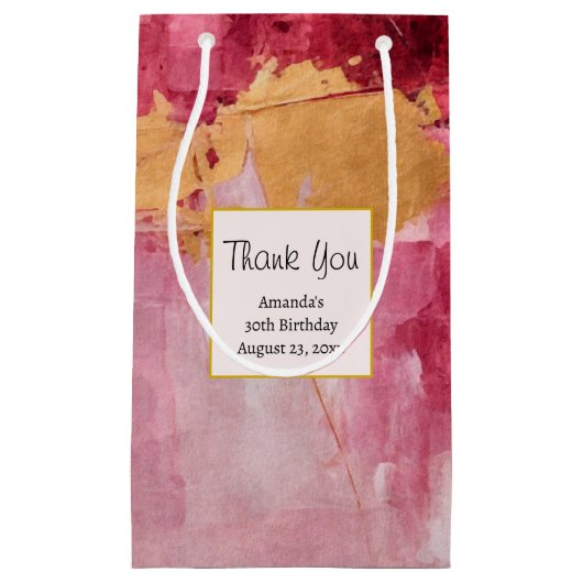 ブラシ芸術的ストローク金ゴールドとピンクサンキュー スモールペーパーバッグ (正面)