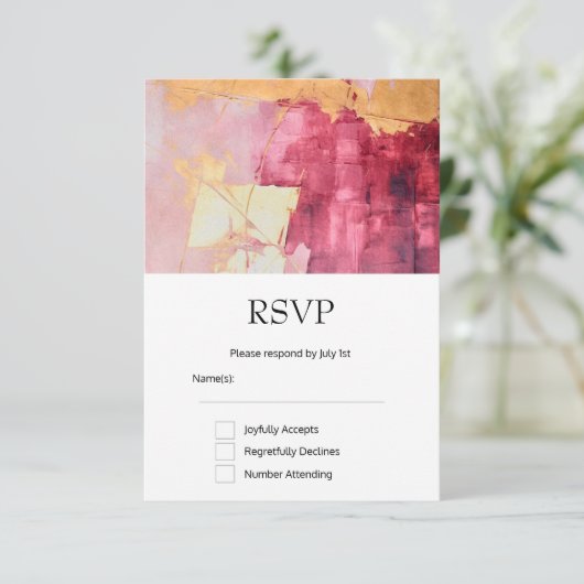 ブラシ芸術的ストローク金ゴールドとピンク結婚ズ 出欠カード (スタンド正面)