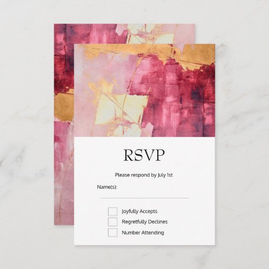 ブラシ芸術的ストローク金ゴールドとピンク結婚ズ 出欠カード (正面/裏面)