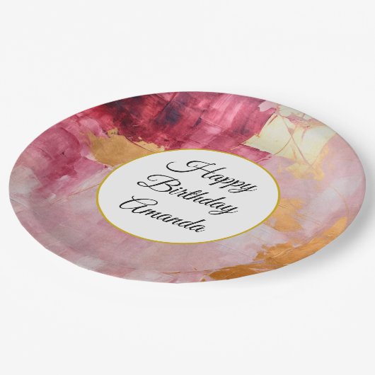 ブラシ芸術的ストローク金ゴールドとピンク誕生日 ペーパープレート (アングル)