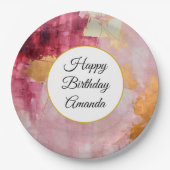 ブラシ芸術的ストローク金ゴールドとピンク誕生日 ペーパープレート (正面)